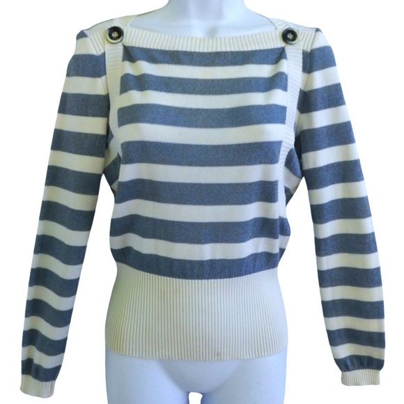 Crissa Linea Italiana Vintage 70s Wool Knit Sweater Top Blue Ivory Stripe Italy - Picture 1 of 6